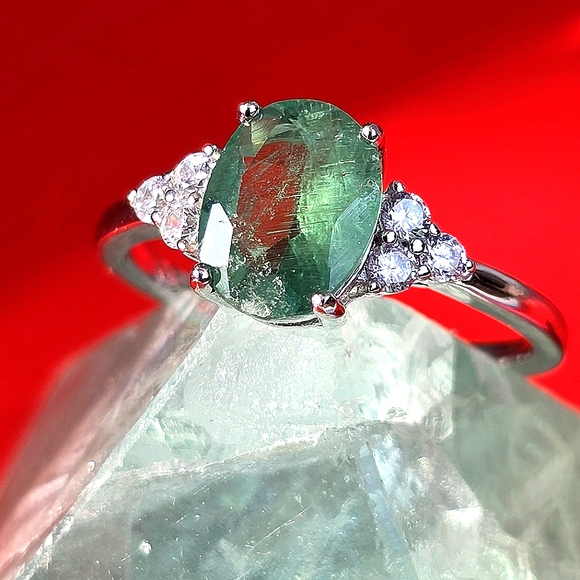 Natural Green Copper Tourmaline & CZ 925 Sterling Silver Ring Sz 7.75 - Picture 1 of 6